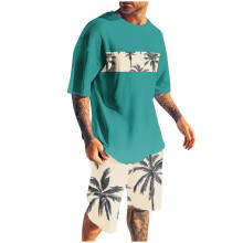 Conjunto de shorts masculino, conjunto de 2 peças, blusa esportiva slim com estampa, gola redonda, cintura elástica e manga curta com gola redonda.