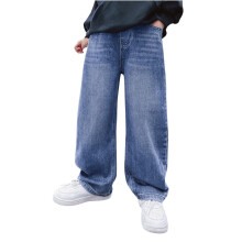 Wide Leg Boy Jeans, High Elastic Waist, Casual Loose Denim Trousers with Pockets, Light Blue, Size 4-5T