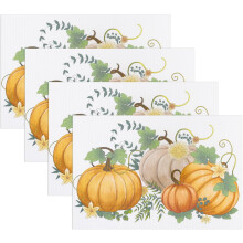 Fall Thanksgiving Placemats Set of 4, Pumpkin & Maple Leaves Design, Washable, Non-Slip, Heatproof, Woven (17.7" x 11.8")