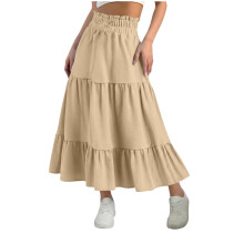 Gonna da bambina a vita alta con balze sull'orlo, gonna midi a trapezio con pieghe e fiocco, abito casual e fluido, 4-15 anni