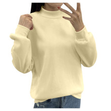 Sweat-shirt à col roulé doublé pour femme, coupe ample, manches longues, col rond, couleur unie, sans capuche, fermeture éclair.