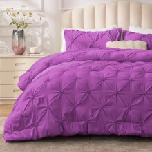 Ensemble de couette violette King Size – 3 pièces style bohème à plis piqués, douce et chaude, literie légère toutes saisons avec 2 taies