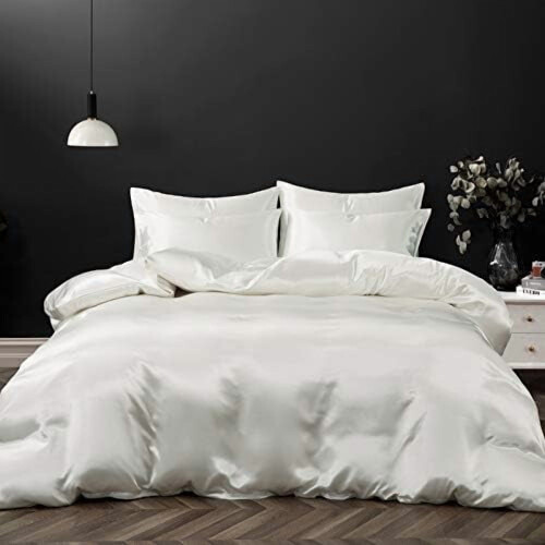 King Satin Duvet Cover Set Ivory White 5-Piece