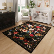 Tapis de chambre bohème fleuri noir, lavable, antidérapant, à poils courts (90 x 150 cm). Convient aux chambres, chambres d'enfants, dortoirs et