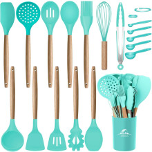 Ensemble d'ustensiles de cuisine en silicone avec support, manches en bois, sans BPA, compatible avec les ustensiles de cuisine antiadhésifs