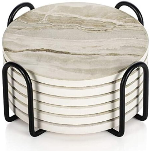 Marble Ceramic Drink Coasters with Holder (6 Pack)