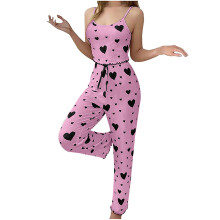 Pyjamaset voor dames met sweetheart-print: topje met ronde hals en broek met trekkoord (maten S-XL) Zacht en stijlvol