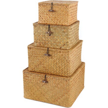 Shelf Baskets with Lid Set of 4, Handwoven Seagrass Storage Bins Box Rectangular Seagrass Basket Storage Organizer Wicker Basket for Shelf