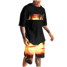 Men's Shorts Sets 2 Piece Outfits Round Neck Printing Sports Slim Elastic Waistband Short Sleeve Round-Neck Blouses