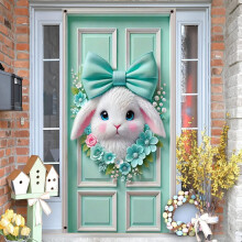 Cubierta para puerta con diseño de conejito de Pascua, decoración festiva, adorable decoración navideña para la entrada del hogar y la
