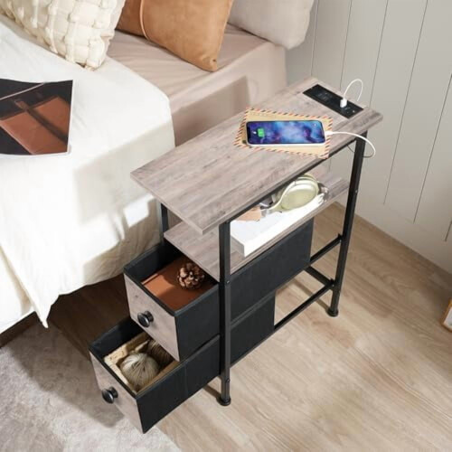 Slankt sidebord med ladestation og 2 stofskuffer 1