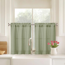 White Kitchen Curtains 24" L, 2 Panels, Light Filtering Faux Linen Cafe Tiers, Dual Rod Pocket, RV Camper Compatible, 30Wx24L in