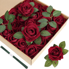 Roses artificielles en velours rouge, fleurs en soie avec tiges, 25 pièces
