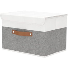 Large Fabric Storage Box with Lids, Foldable Linen Wardrobe Containers, Organiser For Towels, Clothes, 17.7 x 11.8 x 11.8 inch (White/Grey, 1-Pack)