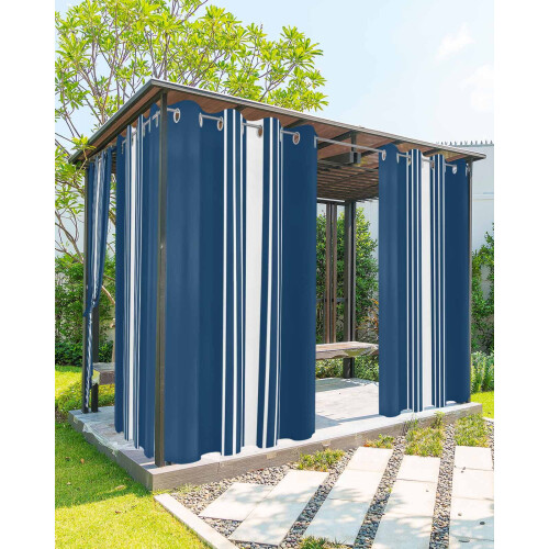 Tende da esterno a righe blu navy e bianche con occhielli impermeabili