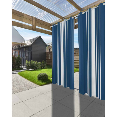 Tende da esterno a righe blu navy e bianche con occhielli impermeabili 2