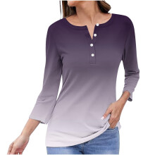 Camisa blanca degradada con botones, manga larga, top con cuello en V, poliéster, estampado liso para mujer, talla L
