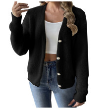 Cardigã feminino com botões de pérola, ideal para outono e inverno, com fechamento em quatro botões.