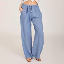 Calça feminina plus size HERESOM em algodão e linho, com pernas largas, modelagem casual e solta, cintura alta elástica com cordão, estilo