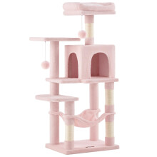 Feandrea Cat Tree Tower, 112 cm Multi-Level Plush Cat Condo with 4 Scratching Posts, 2 Perches, Cave, Hammock, Pompoms, Jelly Pink PCT261P01