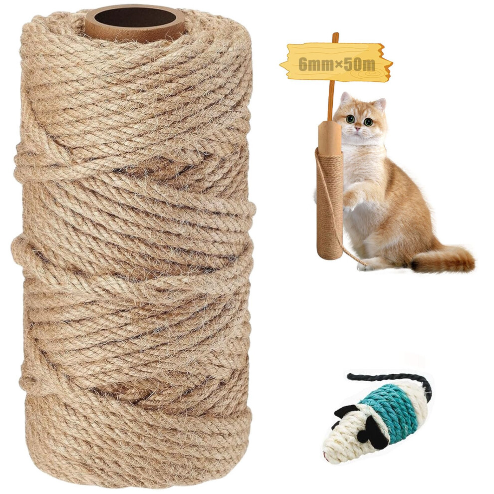Yeahapiday Sisal Rope 50M X 6Mm Hemp Rope For Cat Scratcher Natural Jute Rope With 1 Cat Mouse Toys For Replace Scratching Post, Garden Bundling, 5051222686973