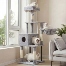 Heybly Cat Tree, 125 cm Cat Tower for Indoor Cats, Cat Scratching Post with Hidden Space, Sturdy Steel Tube, Soft Plush Top Perch and Cozy Hammock,
