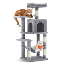 Feandrea Cat Tree Tower, 112 cm Multi-Level Plush Cat Condo with 4 Scratching Posts, 2 Perches, Cave, Hammock, Pompoms, Light Grey PCT261W01