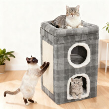 Foldable Cat House with Cube,3-Level Cat House for Indoor,Large Cat Cave Condo With Scratching Board & Cushions, Small Dog & Puppy Friendly (40 x 40 x