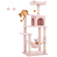 Feandrea Cat Tree Tower, 143 cm Multi-Level Plush Cat Condo with 4 Scratching Posts, 2 Perches, Cave, Hammock, Pompoms, Jelly Pink PCT161P01