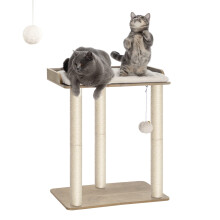 FourFurPets Cat Tree, 68 cm Wooden Cat Tower with Six 30 cm Sisal Scratching Posts, Large 56 x 40 cm Platforms, 1 Removable Cushion, 1 Pompoms, Easy
