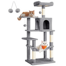 Feandrea Cat Tree Tower, 143 cm Multi-Level Plush Cat Condo with 4 Scratching Posts, 2 Perches, Cave, Hammock, Pompoms, Light Grey PCT161W01