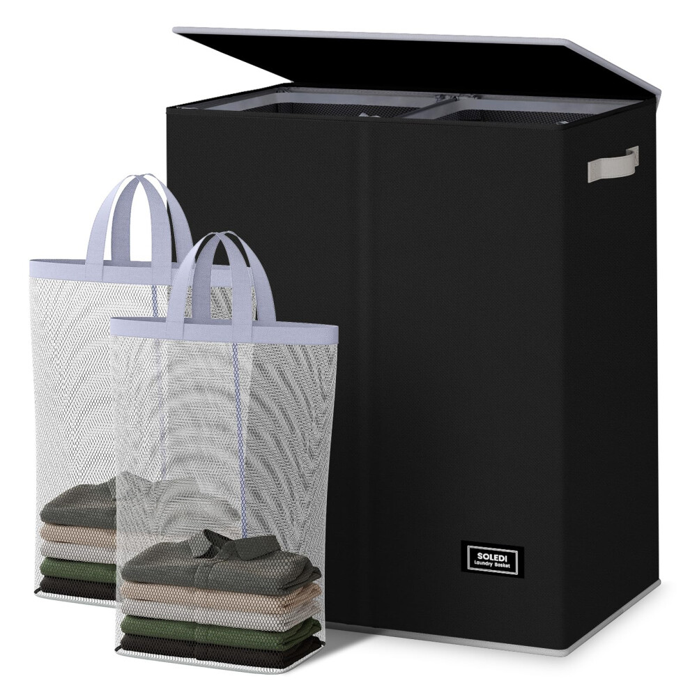 Soledi 145L Double Laundry Basket With Lid And Removable Bags, Large Laundry Hamper Collapsible Laundry Basket With 2 Compartment, Washing Basket For