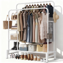LZNIOZ Clothes Rail Heavy Duty, Double Rods Clothing Rail with Shoe Rack, 3 Tier Storage Shelves & 4 Coat Hooks, Multifunctional Clothes Rack for