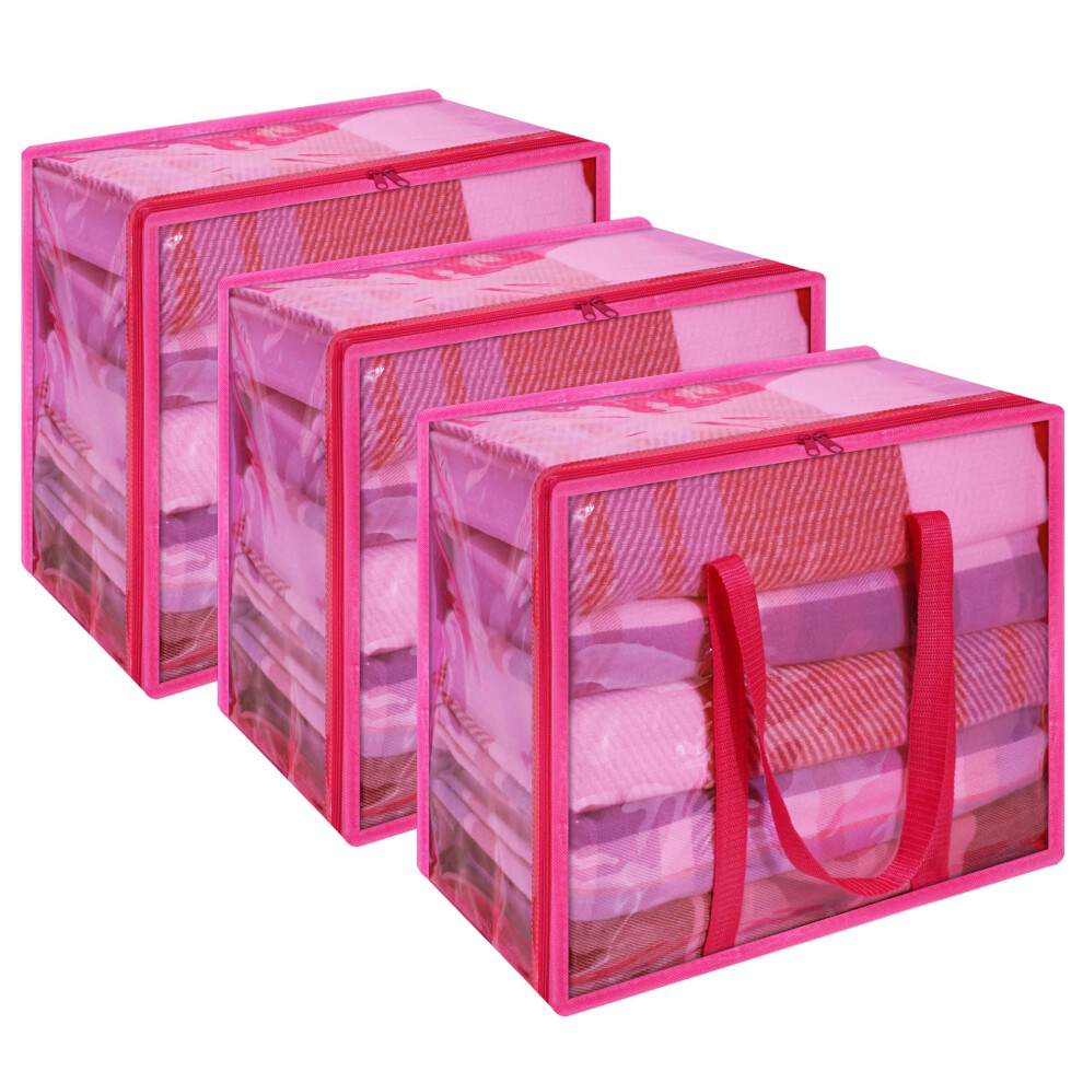 Vieshful 3 Pack Clear Storage Bags Clothes Storage Bags With Zips 40L Transparent Underbed Storage For Clothing, Blankets, Duvet, Pillow, Pink