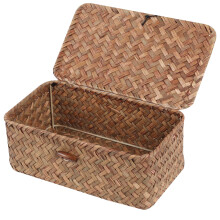 FEIALNDUO Wicker Shelf Baskets with Lid,Seagrass Storage Basket Bins Rectangular Handwoven Basket Boxes for Shelves Desktop Home Organizer (Coffee,