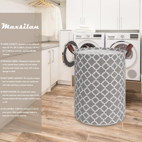 Maxsilan 80L X-Large Laundry Basket with Drawstring, Collapsible Laundry Hamper with Handle, Round Folding Washing Storage for Bedroom, Bathroom, 1