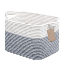 JOJOSEE Small Woven Storage Basket, Cotton Rope Basket for Shelves, Square Shelf Baskets for Home Bathroom Closet Organizer 33x25x22.5cm (White&Grey)