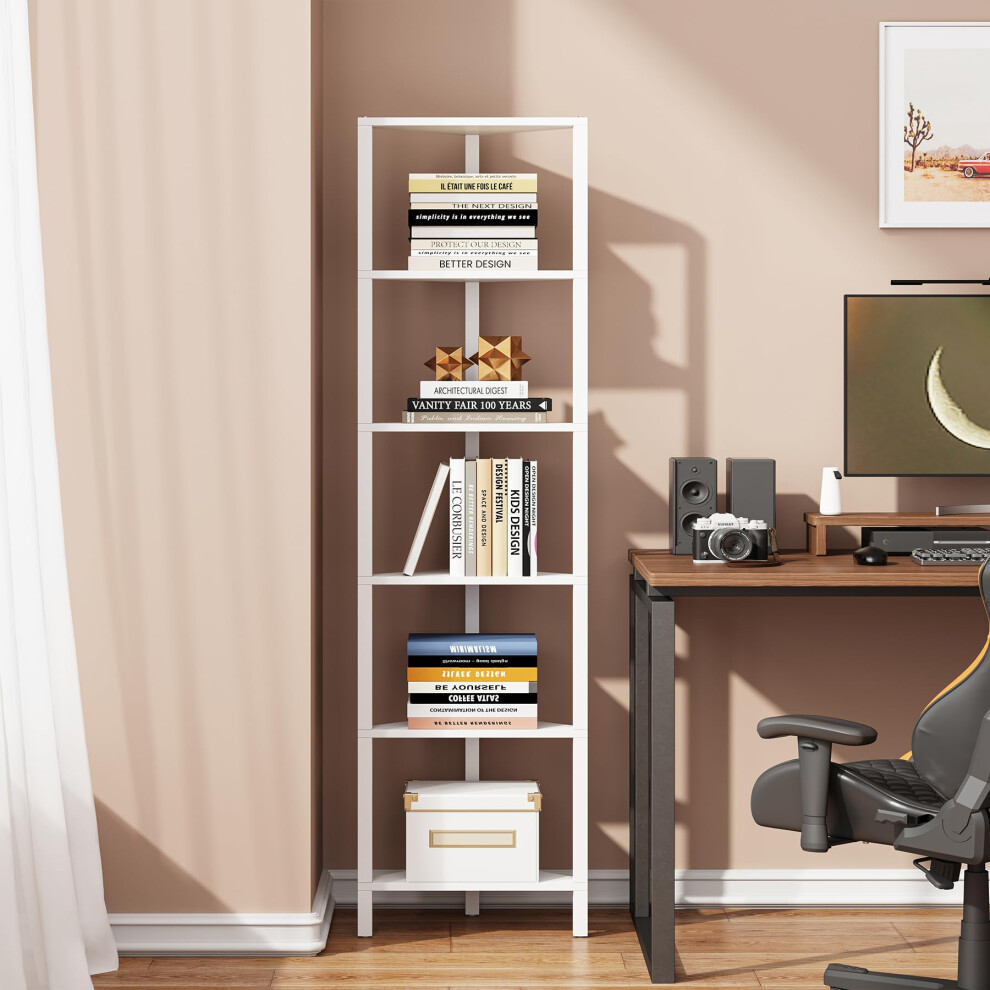 Tutotak Corner Bookshelf, 6-Tier Corner Shelf For Small Space, Narrow Display Corner Shelf Stand With Storage Rack, For Living Room, Bedroom, Pure