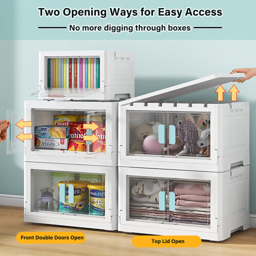 BTGGG 3 Pack Stackable Storage Boxes Large 50L*3 Foldable Collapsible Clear Storage Boxes Organizer 50 * 36 * 90cm, Front Door Opening for Easy 2