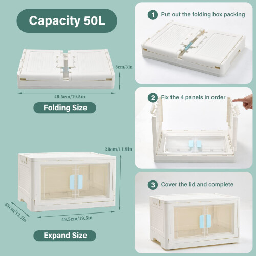 BTGGG 3 Pack Stackable Storage Boxes Large 50L*3 Foldable Collapsible Clear Storage Boxes Organizer 50 * 36 * 90cm, Front Door Opening for Easy 1