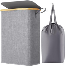 Lifewit 50L Slim Laundry Basket with Lid, Narrow Laundry Bin with Removable Bag & Bamboo Handles, Foldable Thin Dirty Clothes Hamper for Laundry,