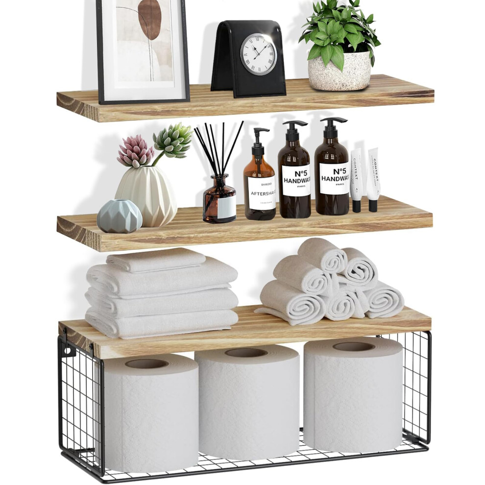 Zvzm Floating Shelves, Rustic Shelves For Wall, Bathroom Shelves Over Toilet, Kitchen Shelves With Wire Storage Basket, Bathroom Shelf, Wall Shelves 5051222713846