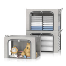 FUSACONY Clothes Storage Bag, 3 Pcs Large Storage Boxes with Lids Foldable Wardrobe Storage Organiser with Steel Frame & Three Clear Windows for