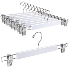 Amber Home 36cm White Wooden Pants Hangers 10pcs, Smooth Wood Skirt Hanger Organizer with Adjustable Anti-Slip Chrome Clips, Space Saving Solid