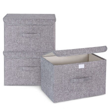 3Pcs Fabric Storage Boxes With Lids For Wardrobe Clothes Toy Foldable Linen 37 * 24 * 25cm (Grey)