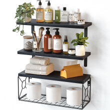 Pipishell Floating Shelves with Wire Strorage Basket, Paulownia Wood Floating Shelves for Home Organization & Wall Decor, Bathroom/Kitchen/Living