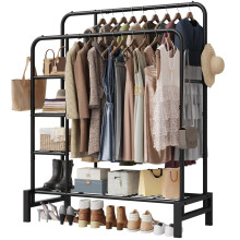 LZNIOZ Clothes Rail Heavy Duty, Double Rods Clothing Rail with Shoe Rack, 3 Tier Storage Shelves & 4 Coat Hooks, Multifunctional Clothes Rack for