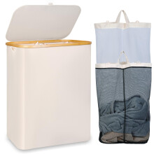 iEGrow Washing Basket for Laundry 150L XL?Extra Large 2 Compartments Laundry Basket with Bamboo Handle and Lid, Dirty Clothes Storage Folable Laundry