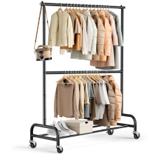 MISSLO Double Clothes Rail on Wheels, Heavy Duty Clothing Racks for Hanging Clothes Rack 2 Tier Garment Rack Rolling Coat Rail, Free Standing, Metal,