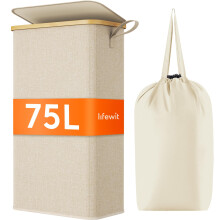 Lifewit 75L Slim Laundry Basket with Lid, Narrow Laundry Bin with Removable Bag & Bamboo Handles, Foldable Thin Dirty Clothes Hamper for Laundry,